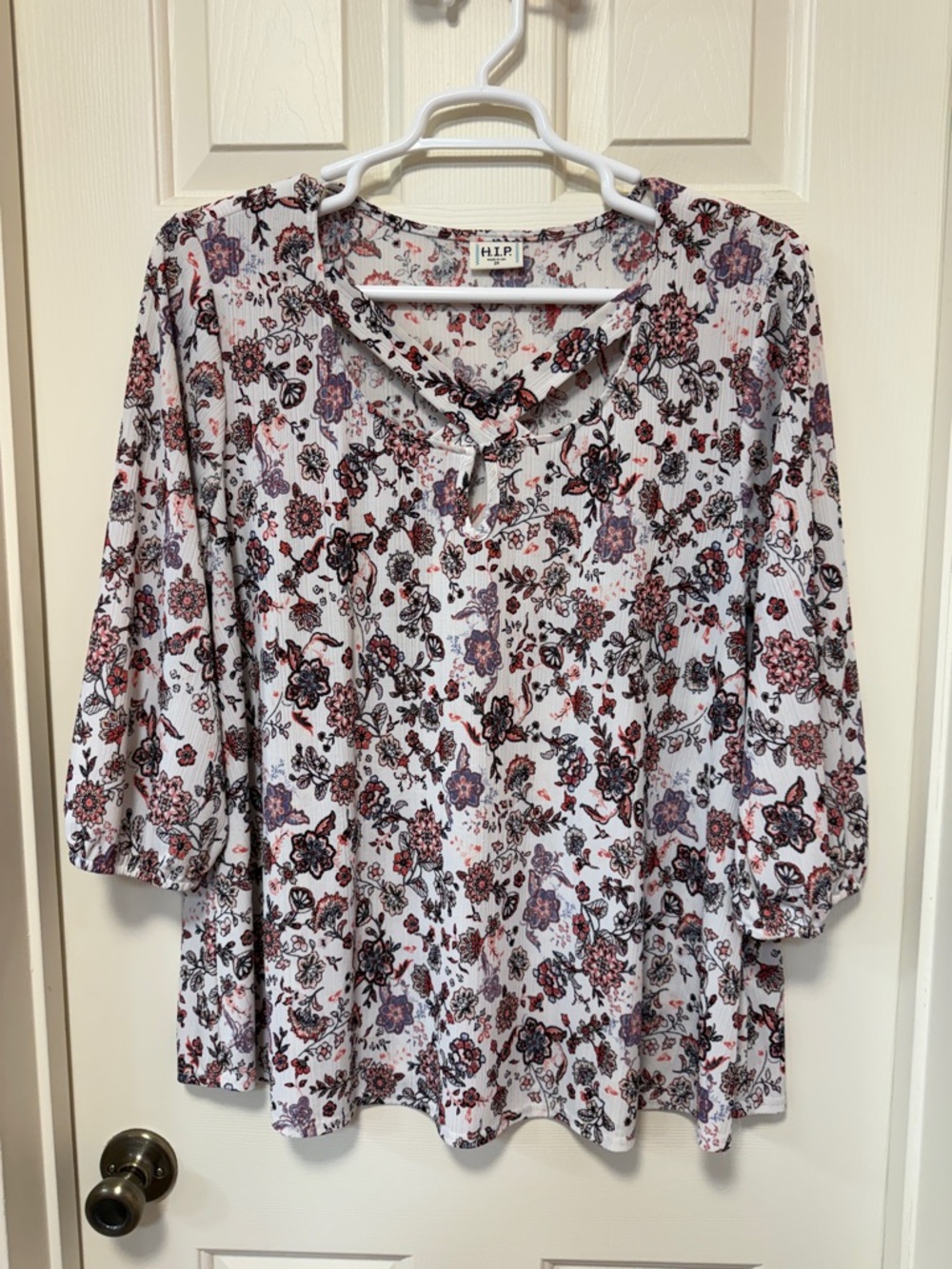 h.i.p. White Floral Henley Tunic with Pink and Purple Flowers